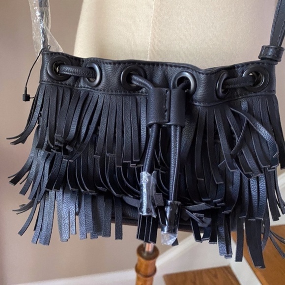 Anthropologie Cassolini Black  Flutter Fringe Mini Bucket  Bag - Picture 5 of 7